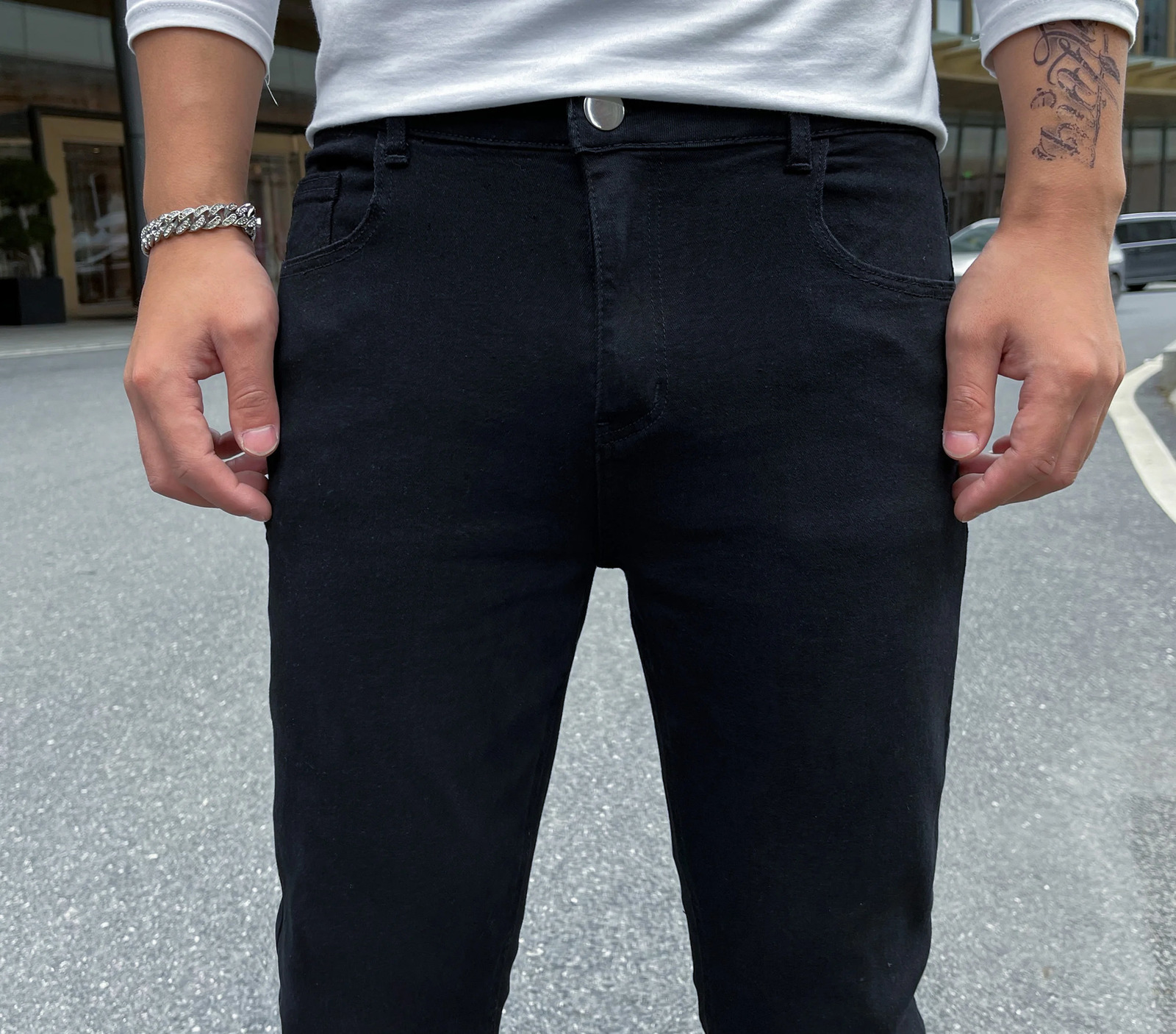 Black mens pants solid color elastic jeans street casual slim fit mens jeans retro washed plus size mens tight jeans 241113