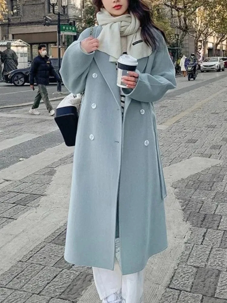 Korean Fashion Women Casual Loose Woolen Coat Elegant and Chic Solid Outerwear Long Overcoat with Belted Female Warm Cloak 241108