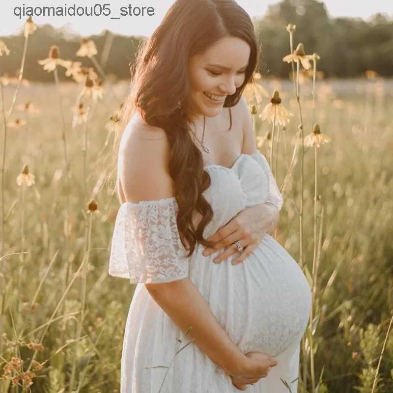 Maternity Dresses Summer Pregnant Women Wedding Photography Props Pregnant Women Clothing Shoulder Lace Party Formal Evening Dress Q240413