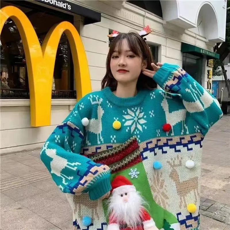 Autumn and Winter Christmas Red 3D Cartoon Decorative Knitted Sweater for Womens Lazy Style Loose Round Neck Zipper 241113