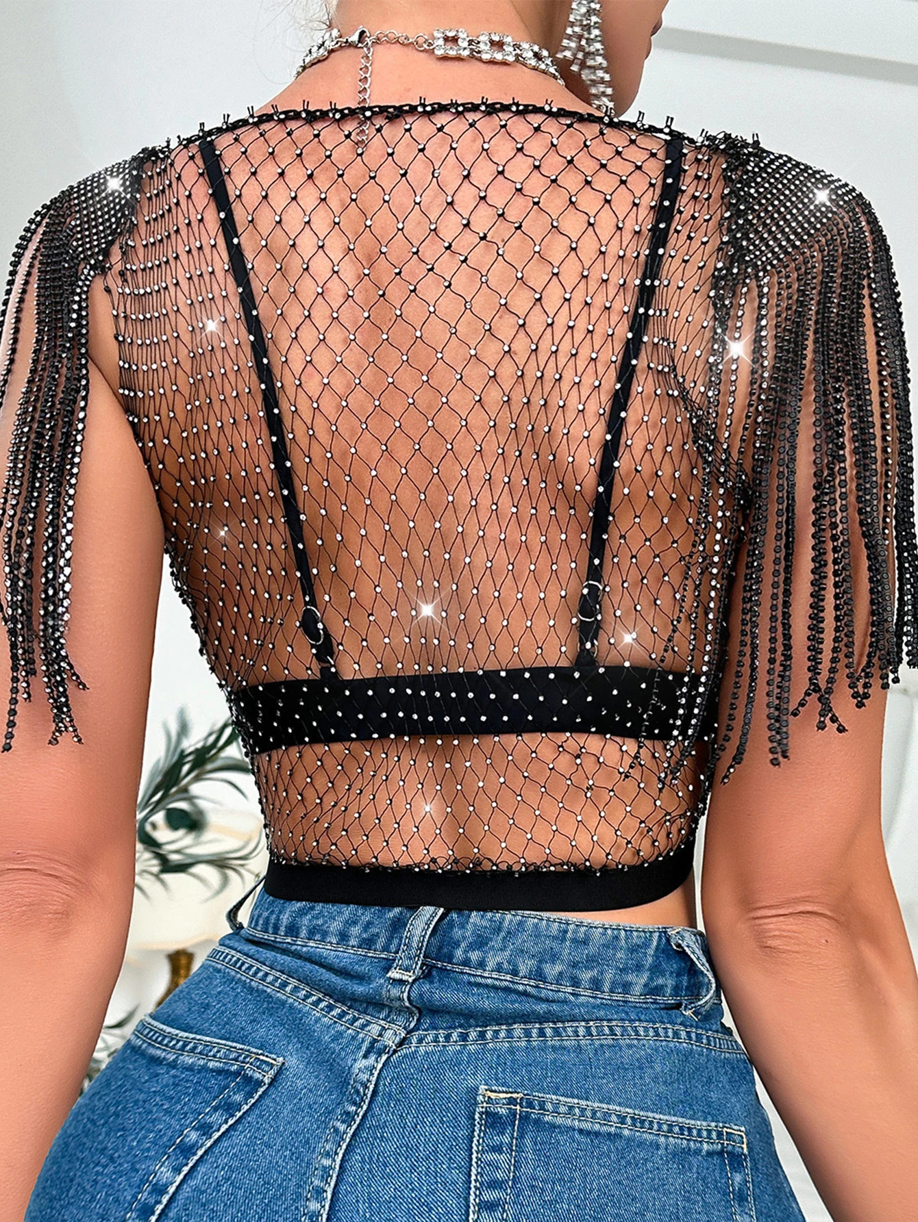 Sexy y2k clothes rhinestone corset crop top women summer cropped club party tank top see through fishnet tops womans clothing 240327