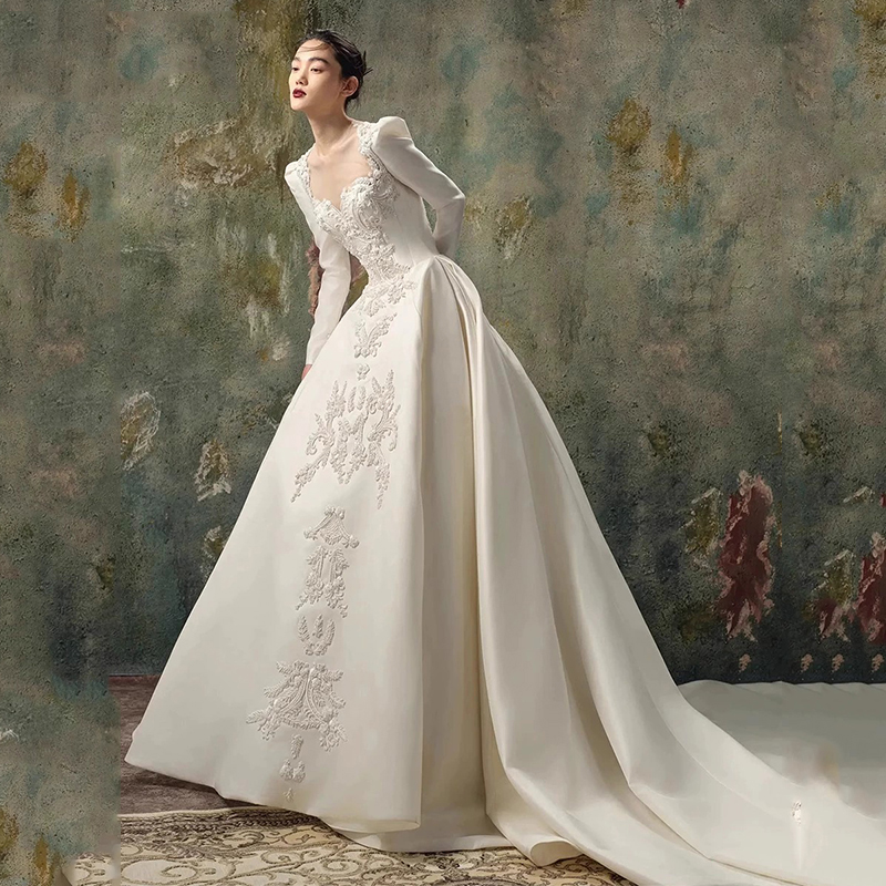 French Luxury Satin Trailing Brides Wedding Dresses Women 2024 Long Prom Evening Guest Cocktail Applique Formal Occasions Dress