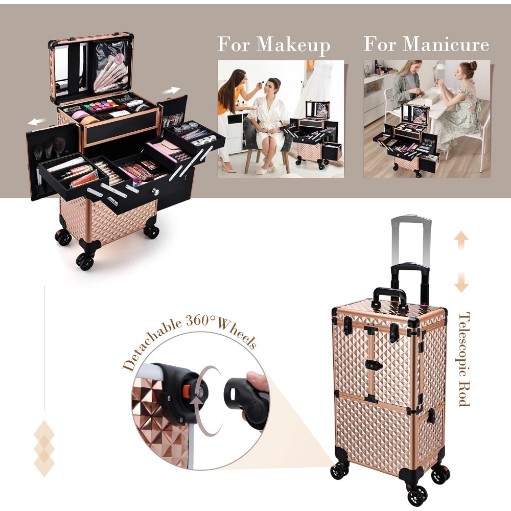 Adazzo Professional Makeup Artist Rolling Train Case Multi-functional Cosmetic Train Case Large Trolley Storage Case for Nail