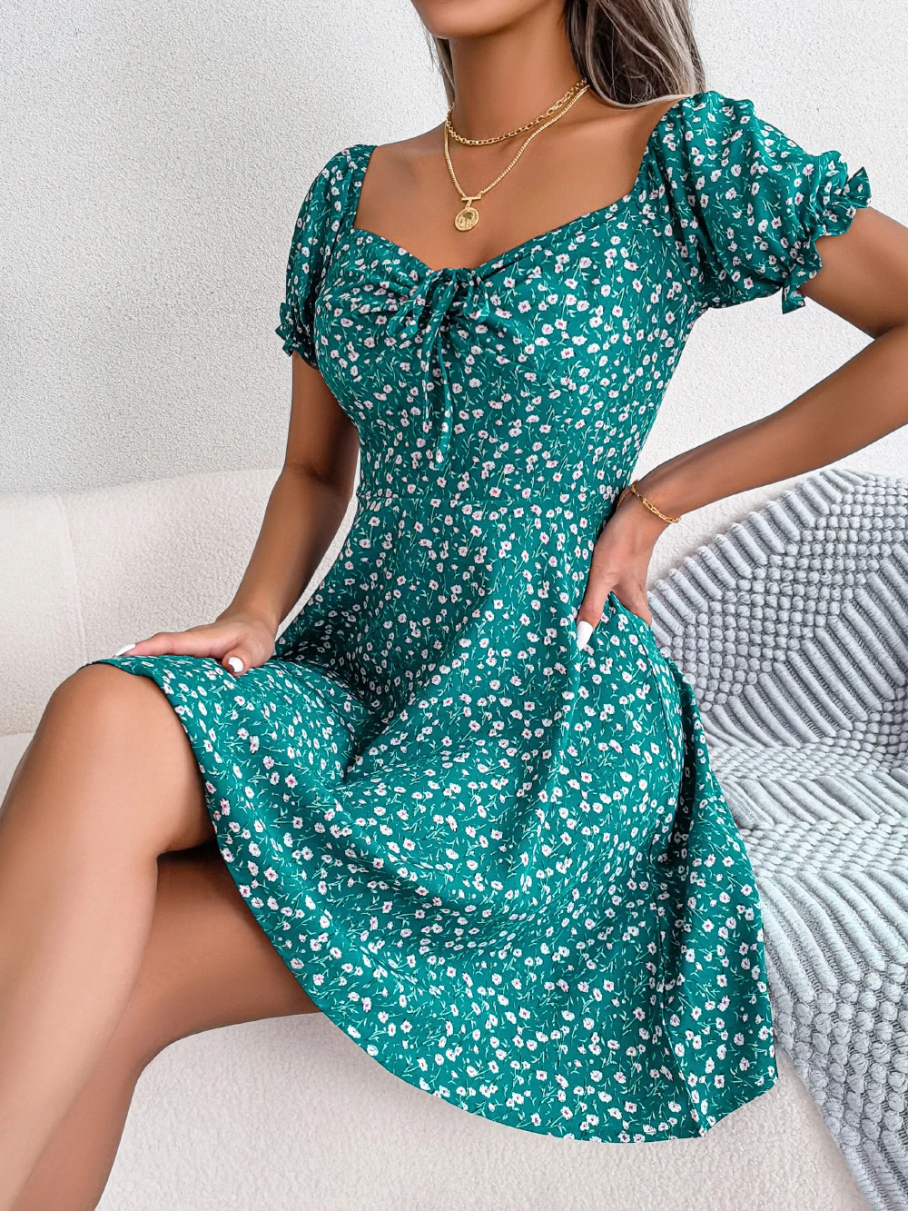 Women Casual Ruffles Short Sleeve Floral Print A Line Dress 240329