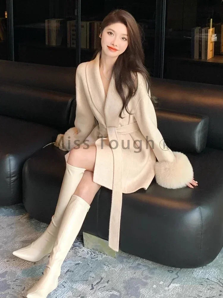 Elegant Winter Wool Coat For Women: Patchwork Vintage Warm Overcoat With Pockets