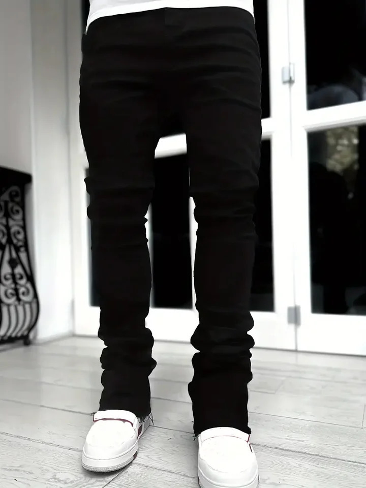 Black mens pants solid color elastic jeans street casual slim fit mens jeans retro washed plus size mens tight jeans 241113