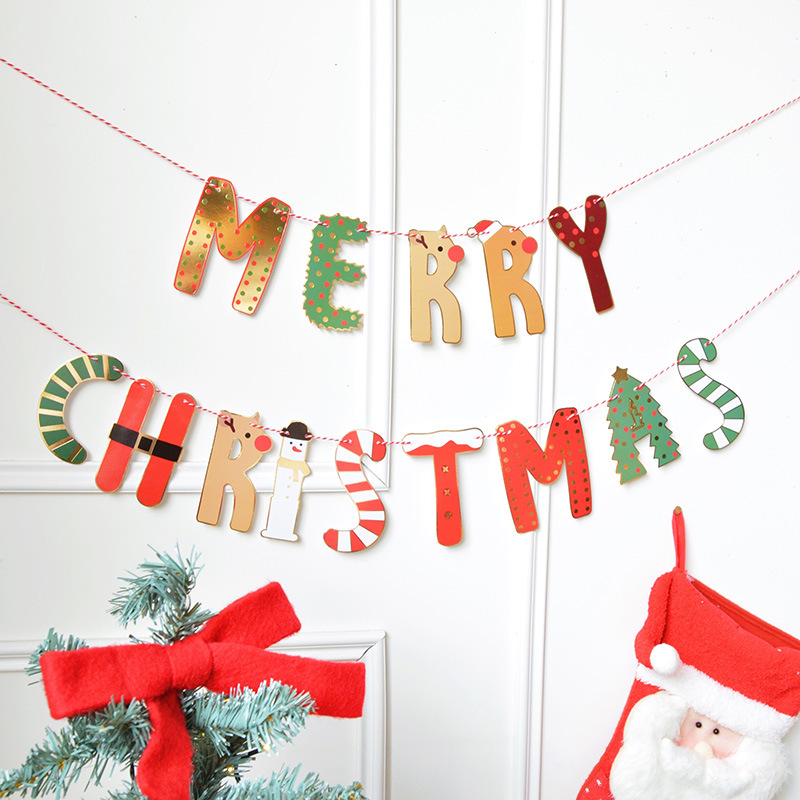 Christmas Decor Christmas Letters Latte Art Bunting Flag Gilding Christmas Tree Decoration Snowman Golden Elk