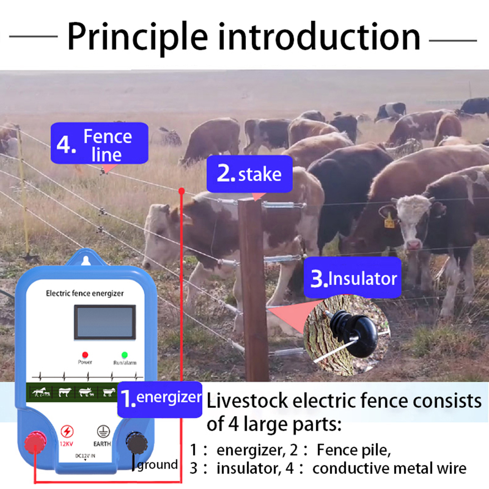 8KM Electric Fence Energizer Dogs Sheep Horse Poultry High Voltage Pulse Controller High-decibel Alarm Waterproof LCD Display