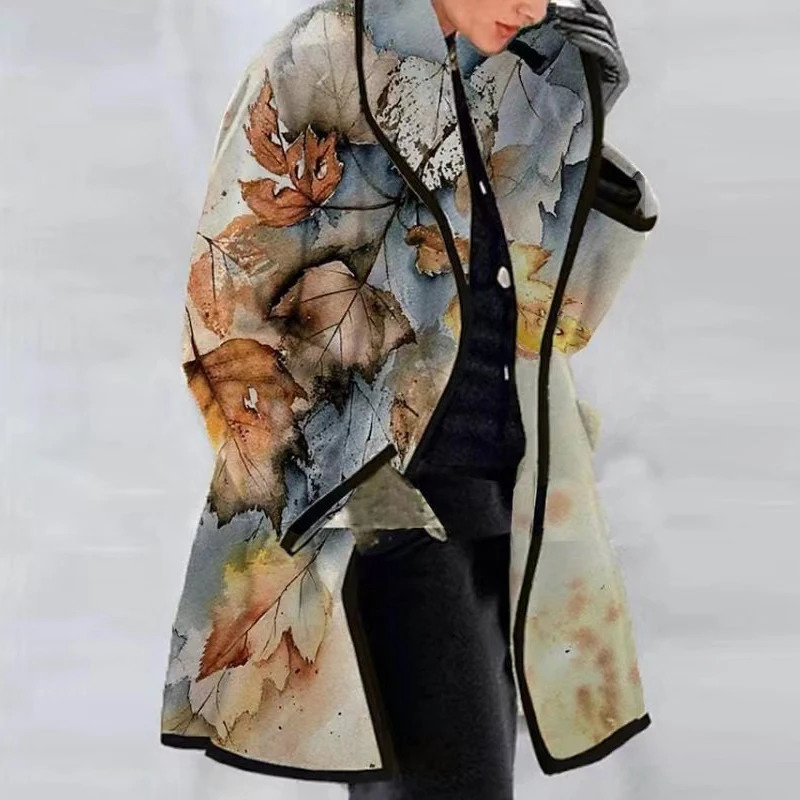 Autumn Women Heavy Wool Coats 2024 Lady Casual Button Cardigan Top Outerwear Fashion Female Printed Lapel Warm Winter Jacket 241108