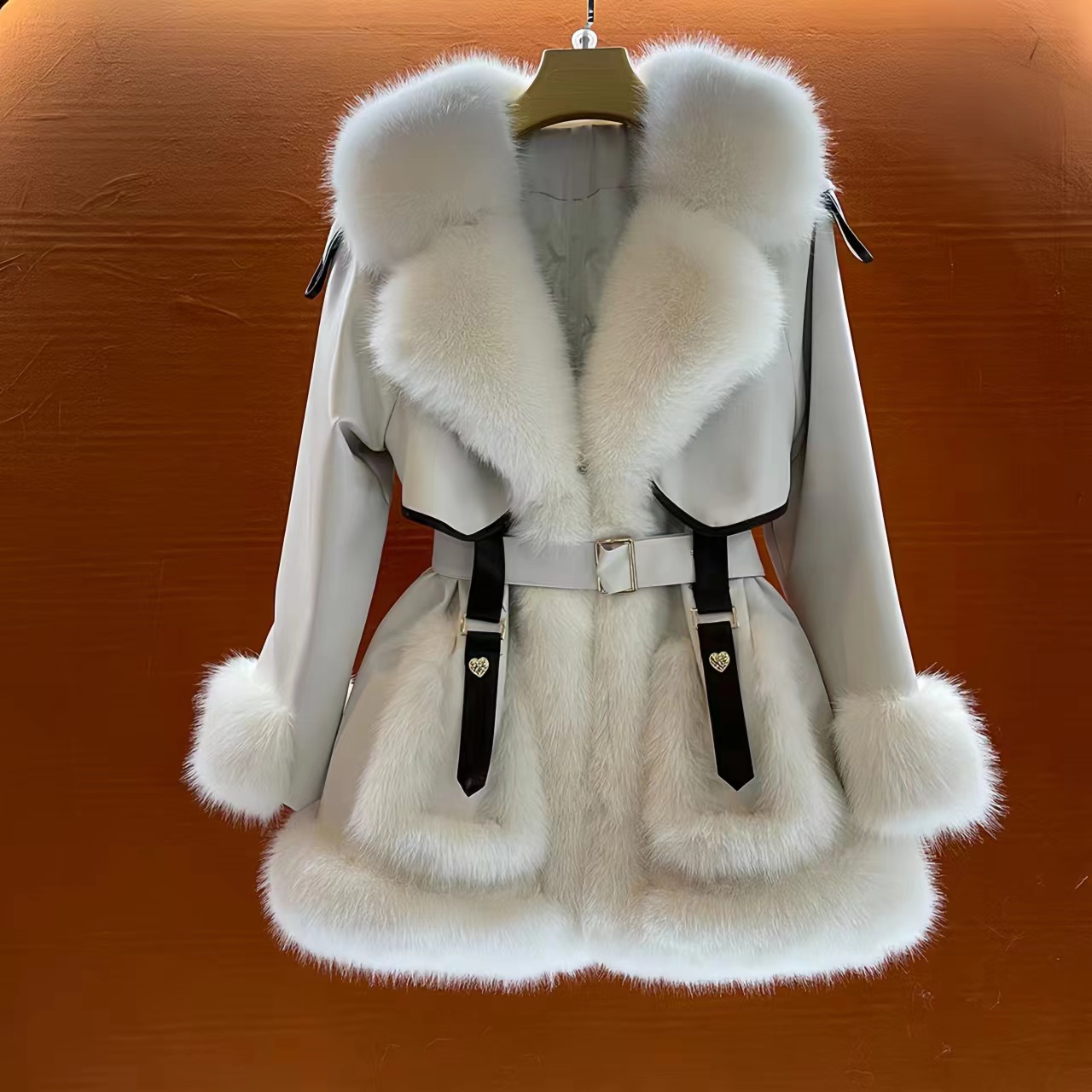 Faux Coat For Women,Korean Short Jackets,Large Fur Collar Overcoat,Adjustable Waist, Female Clothe, Winter,New, 2024