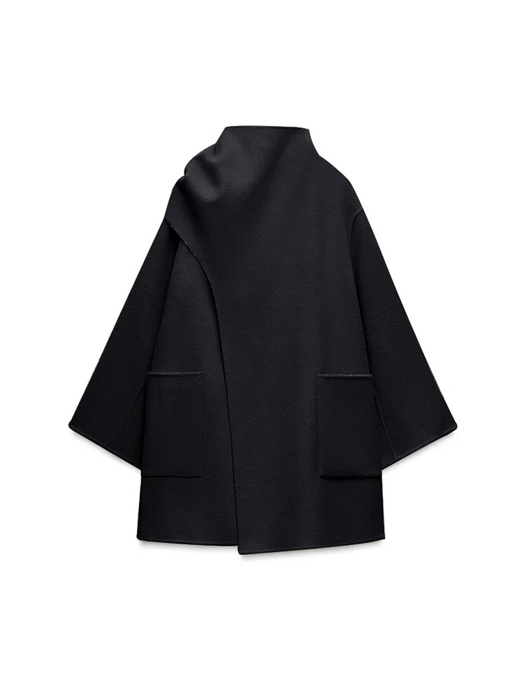 Winter Woolen Scarf Collar Cape Jacket: Fashion Irregular Coat Solid Pockets