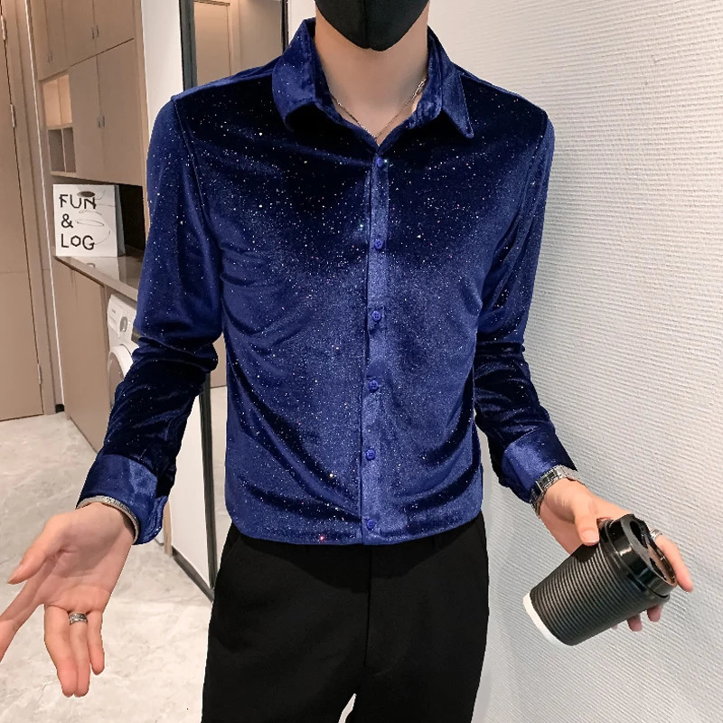 Black/Blue Spring Mens Camisas De Hombre Simple Gypsophila Casual Slimming Long Sleeve Velvet Shirt for Sale 241113