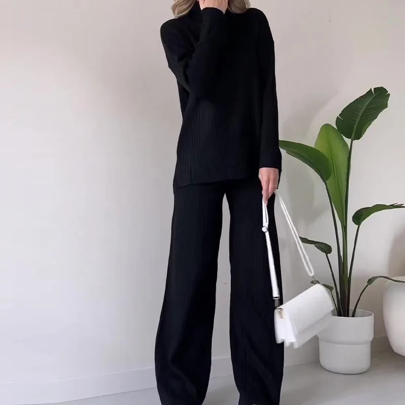 Women Knitted Twopiece Set Casual Loose Womens Home Suit With High Collar Top Wide Leg Trousers Knitting 2 Piece Outfit Winter 241111