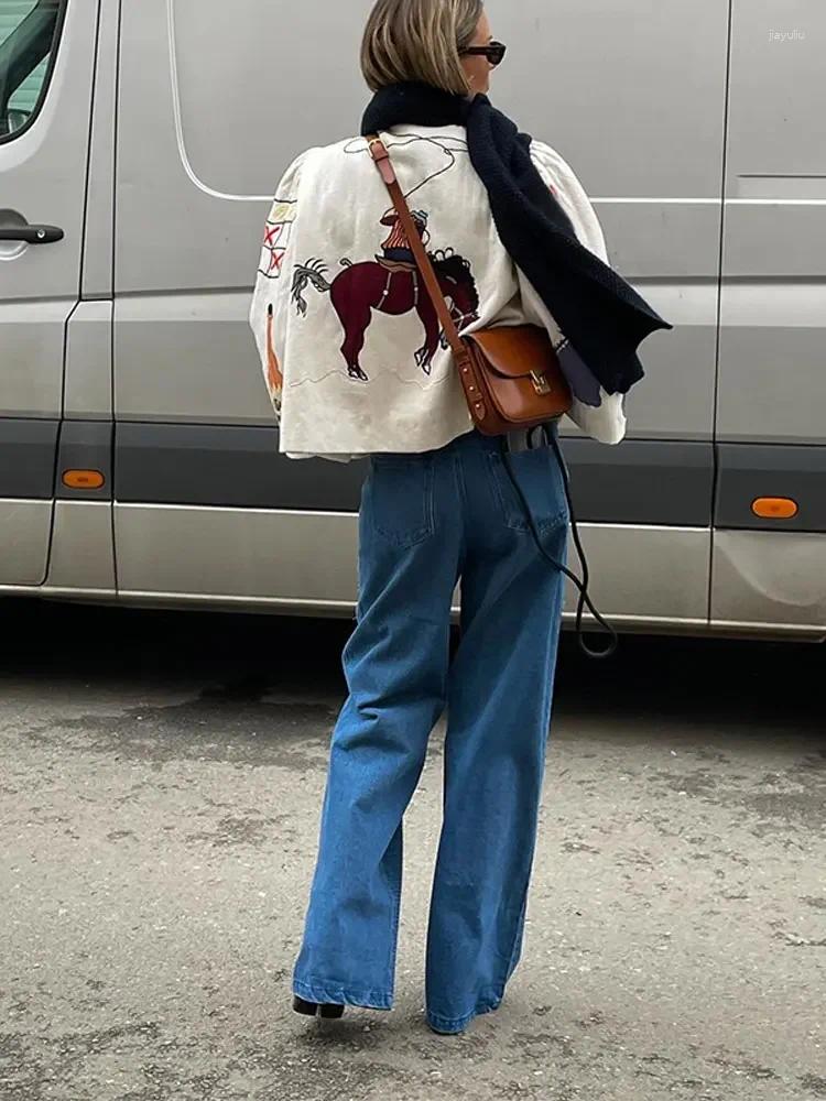 Women's Jackets Fashion Embroidery Print Women Short Coat Elegant Long Sleeve Round Neck Jacket 2024 Spring Female Chic High Streetwear