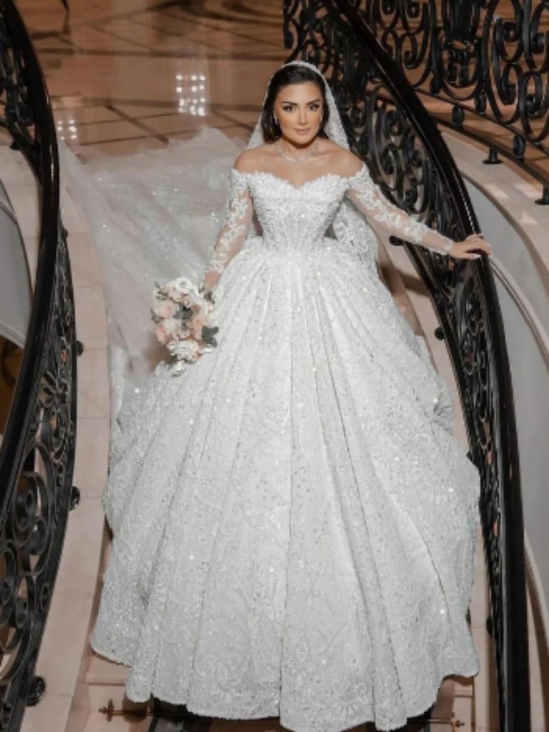 Saudi arabic crystal lace ball gown Wedding Dress off shoulder long sleeves sequins beaded wedding dresses ruffle Dubai r Bridal gowns plus size