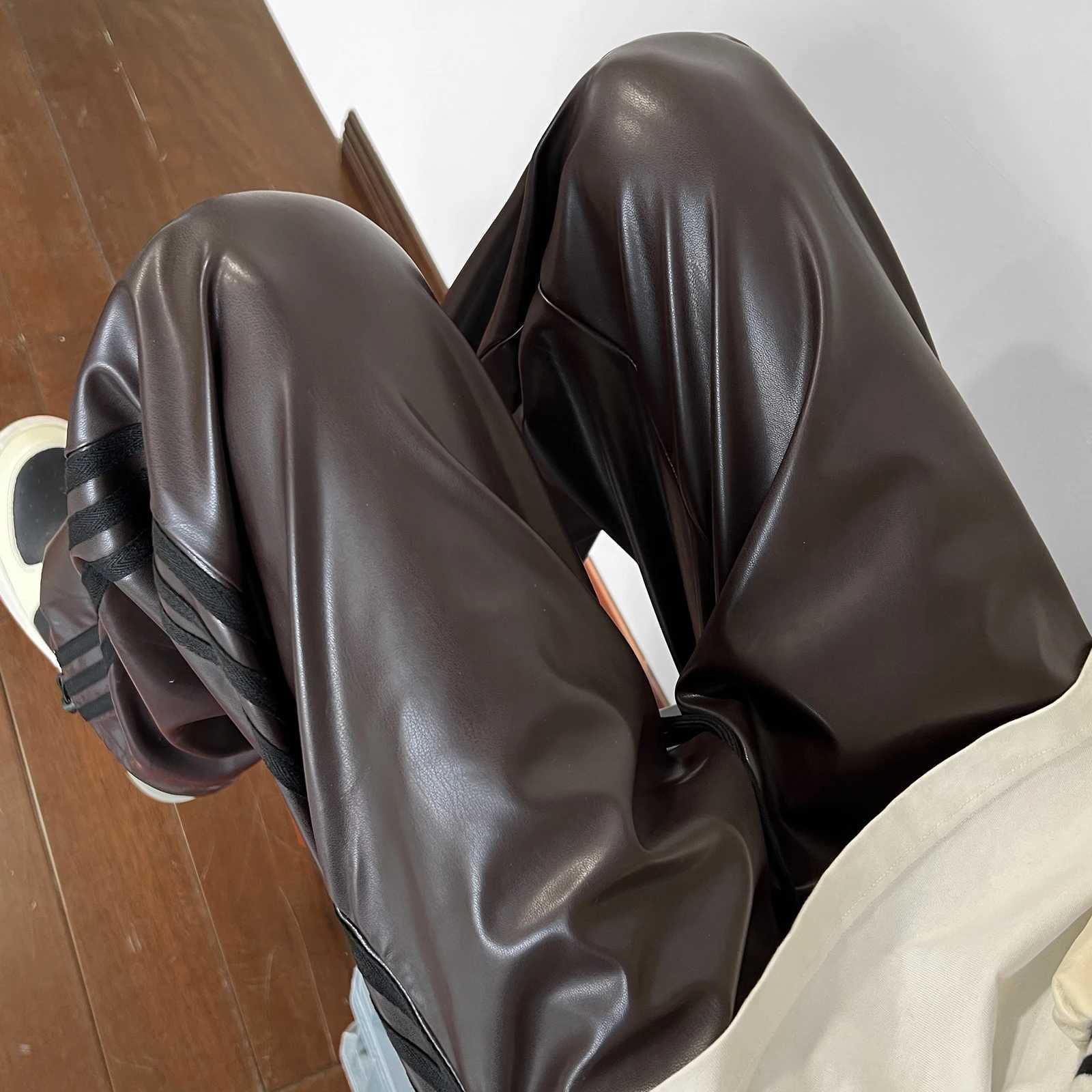 Side striped leather pants mens womens loose casual hip-hop retro straight PU leather pants cargo cart W241112