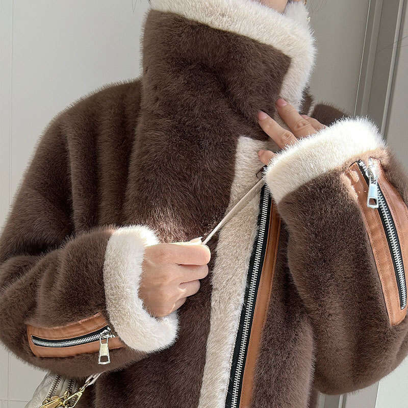 shanshi fur coat women Winter new Korean loose faux fur jacket with thick and warm zipper plush cardigan for women's outerwear
