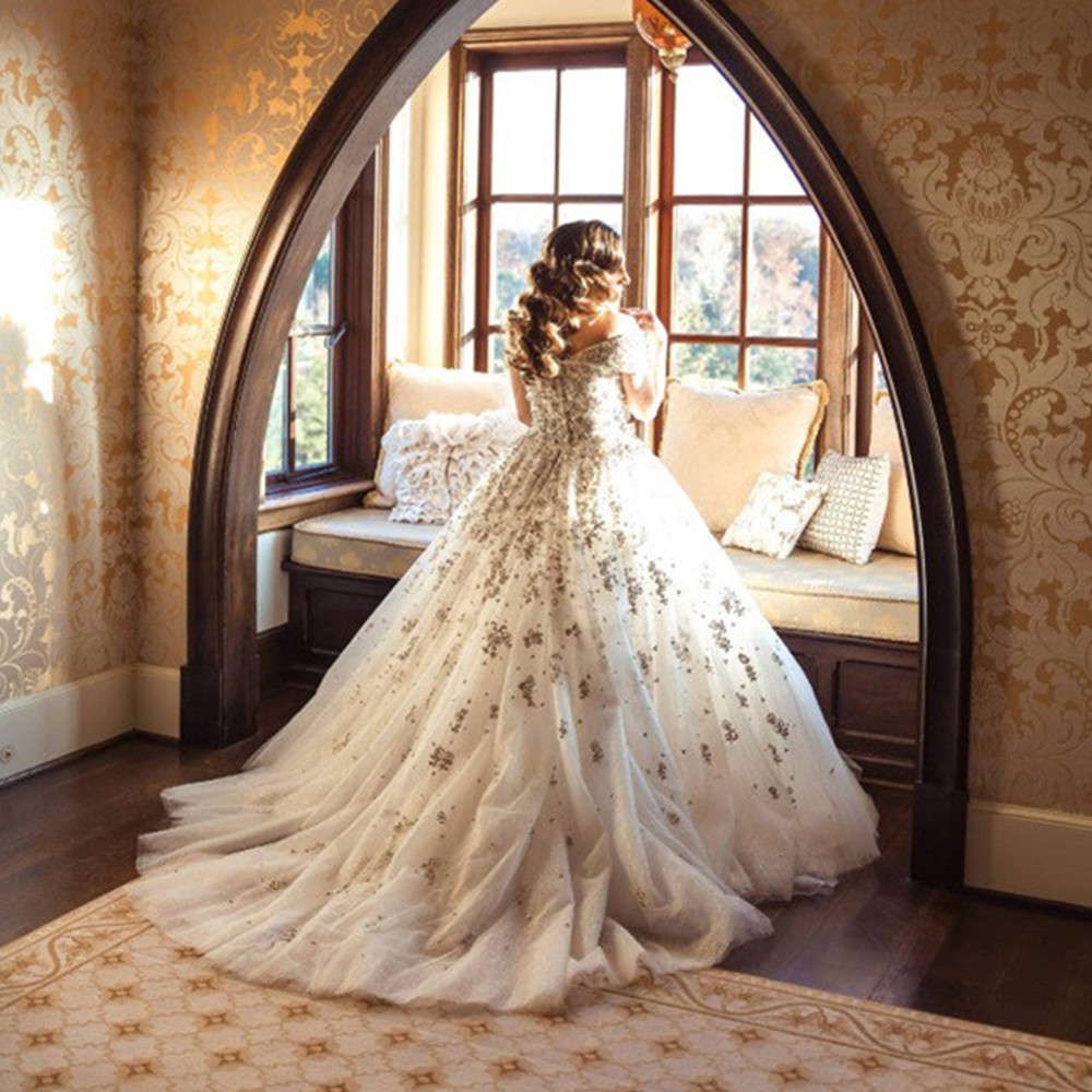 Princess Off The Shoulder Wedding Dresses Glitter Tulle Sexy Wedding Gown Appliques Boho Bride dresses Vestidos de novia