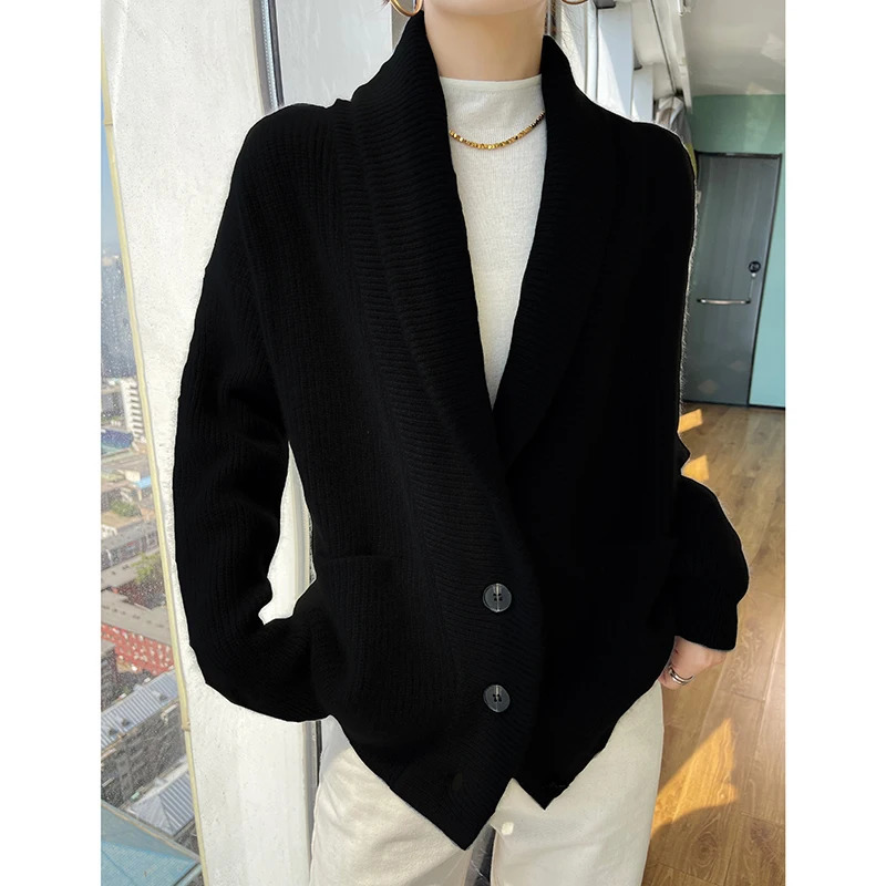 100% wool womens winter sweater thick cardigan womens V-neck long sleeved jacket and knitted womens knitted cardigan 241113