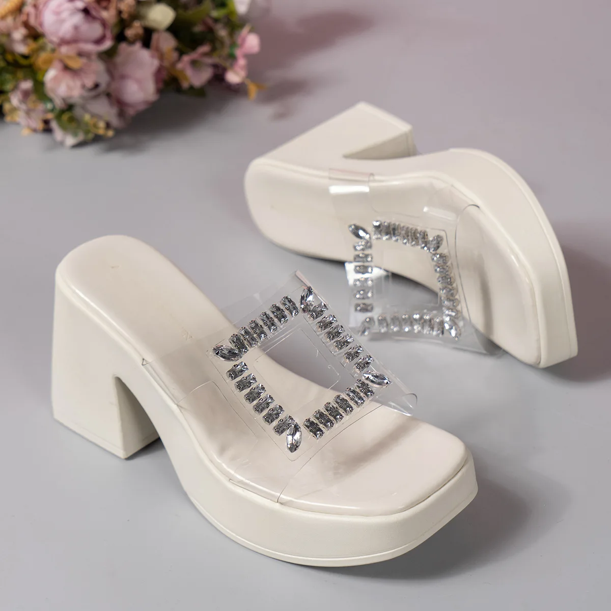 women's new high heeled square toe rhinestone slippers for wearing waterproof platform thick sole sandals slippers