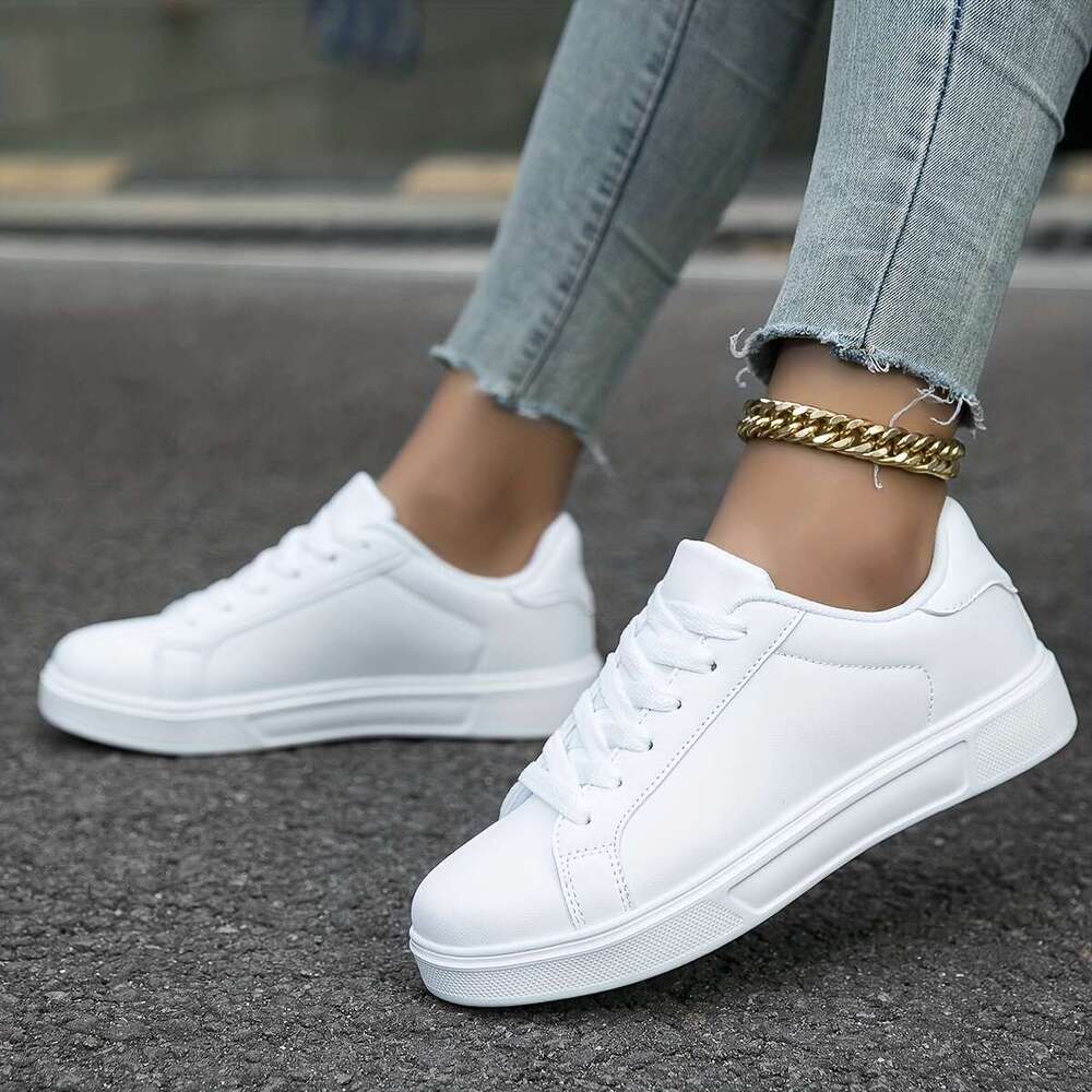 Ultra-Soft White Faux Leather Skate Shoes Durable Flat Sole with Anti-Slip Grip Fashionable Preppy Sneakers for Casual, Versatile Wear - Lightweight,