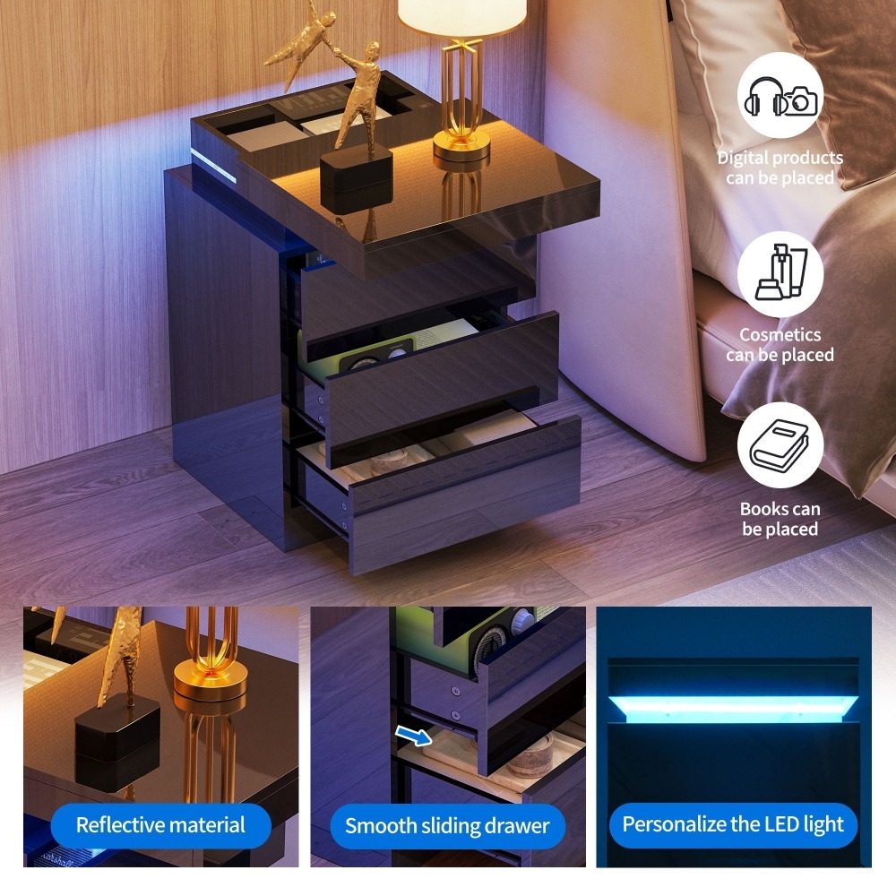 Living Room Furniture High Gloss Nightstand Bedside Table for Bedroom Bags LED Nightstand With 3 Drawers Nightstands Home