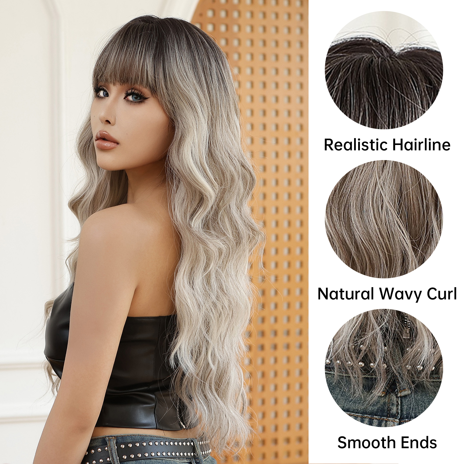 Blonde Brown Synthetic Ash Wavy Wig With Bangs Long Curly Wigs For Women Natural Fibre Hair Cosplay Daily Wig ddmysmile Heat Resistant Smile