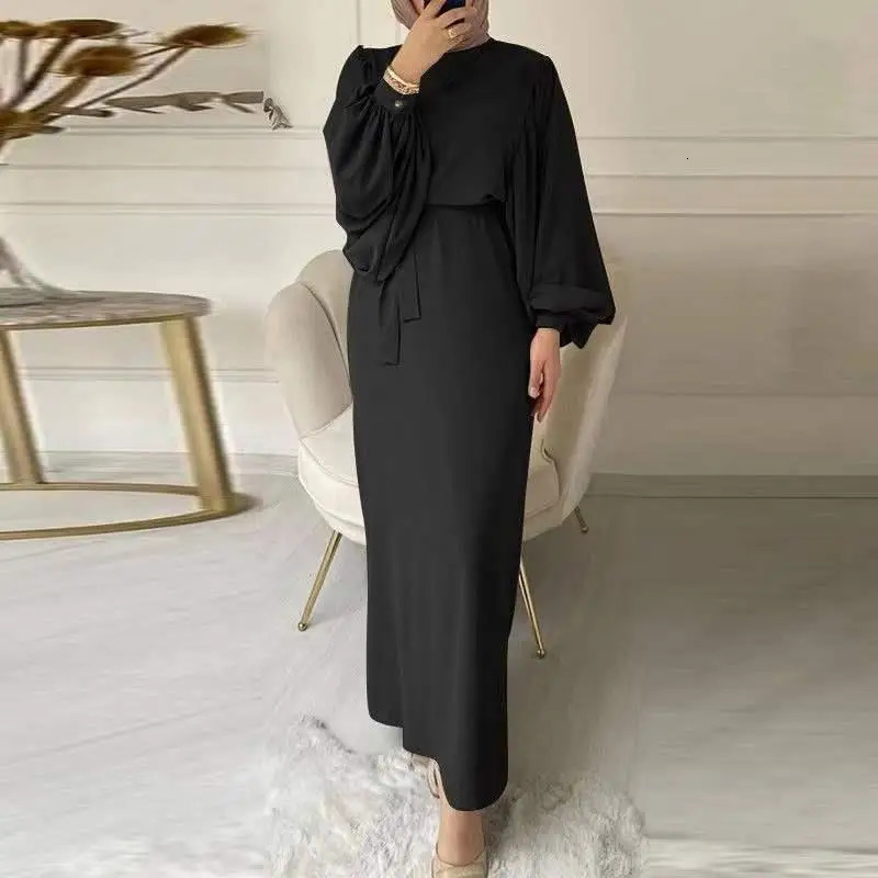 Womens fashion lantern sleeve waist bag hip round neck casual Islamic prayer Morocco abaya cotton gown 241111