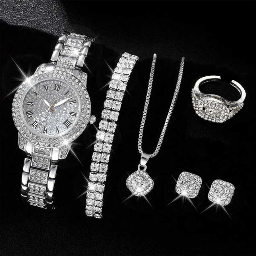 6PCS Women Watch Luxury Elegant Alloy Watch Crystal Wristwatch For Ladies Gift Quartz Watch Alloy Rhinestone Bracelet MontreXJ241109