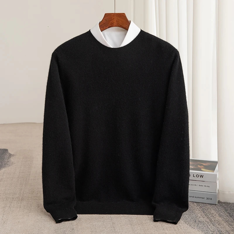 Autumn and winter 100% pure wool mens round neck business casual sweater cashmere bottom sweater 241113