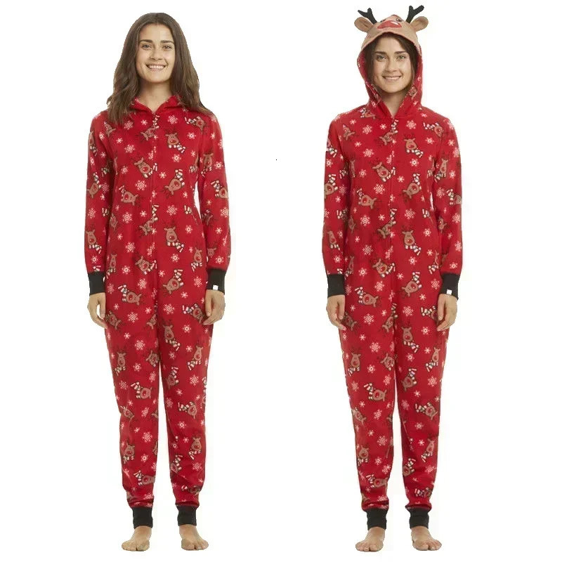 Years Clothes 2025 Mom Daughter Dad Son Matching Outfits Christmas Pajamas Elk All Over Print Cute Hooded Zipper Jumpsuits 241112