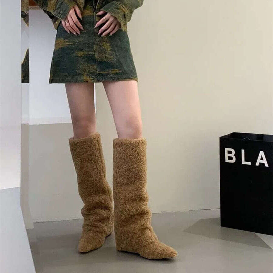 Women Winter Furry Thigh-high Pants Female Fashion Wedge Heeled Pointy Knee-high Boots 2025
