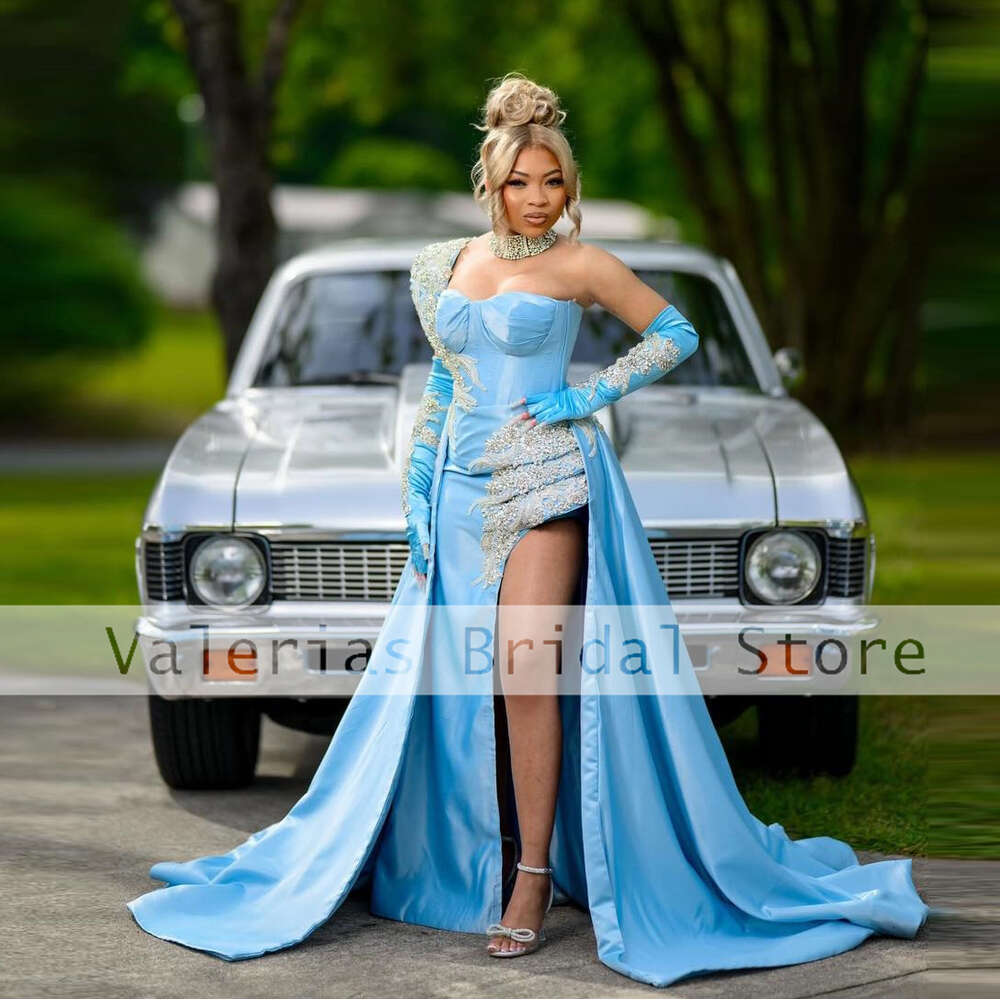 Sky Blue Mermaid Prom Dress Side Split Sequined One Shoulder Evening Dresses Elegant Celebrity Party Gown