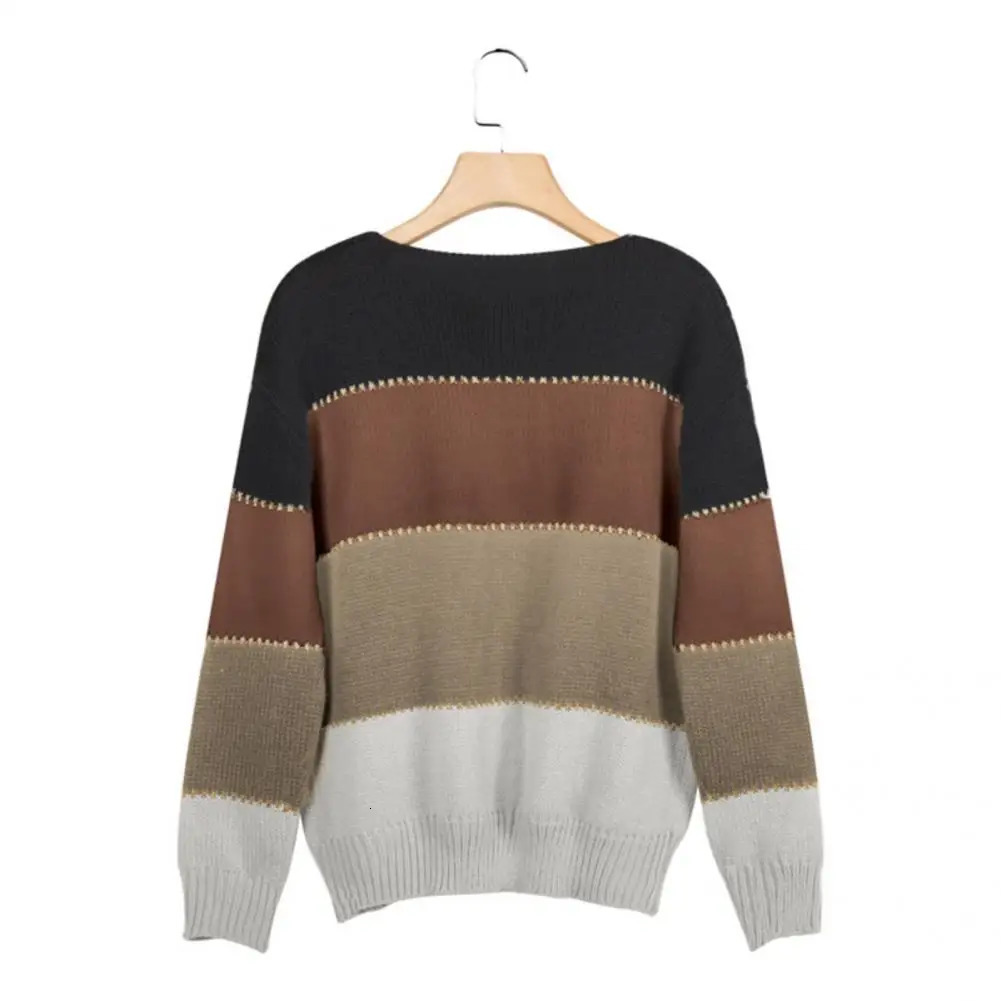 Fashionable womens striped sweater autumn and winter O-neck long sleeved sweater loose knit spliced work spliced womens shirt 241113