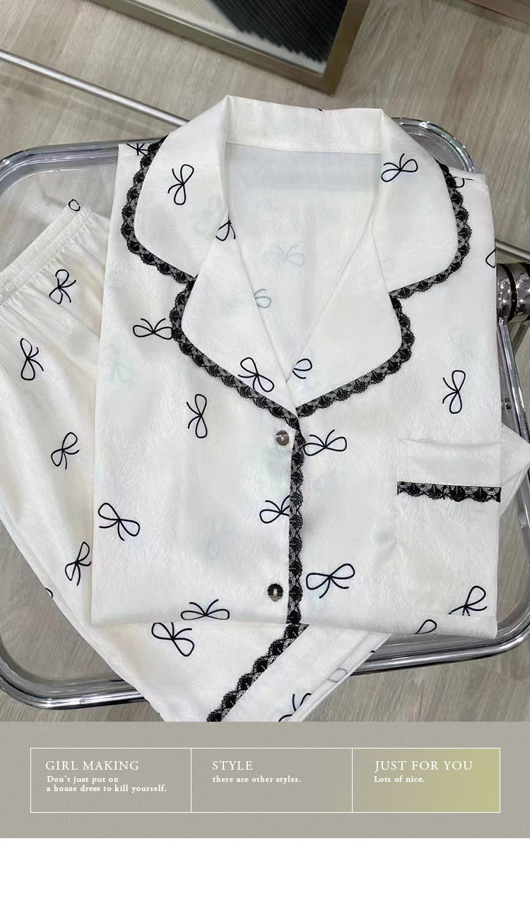 Women's Pajamas Sets Spring Summer 2 Piece Bow Print Pyjama Faux Silk Satin Sleepwear Short Sleeve Pijama Mujer Pjs Homewear