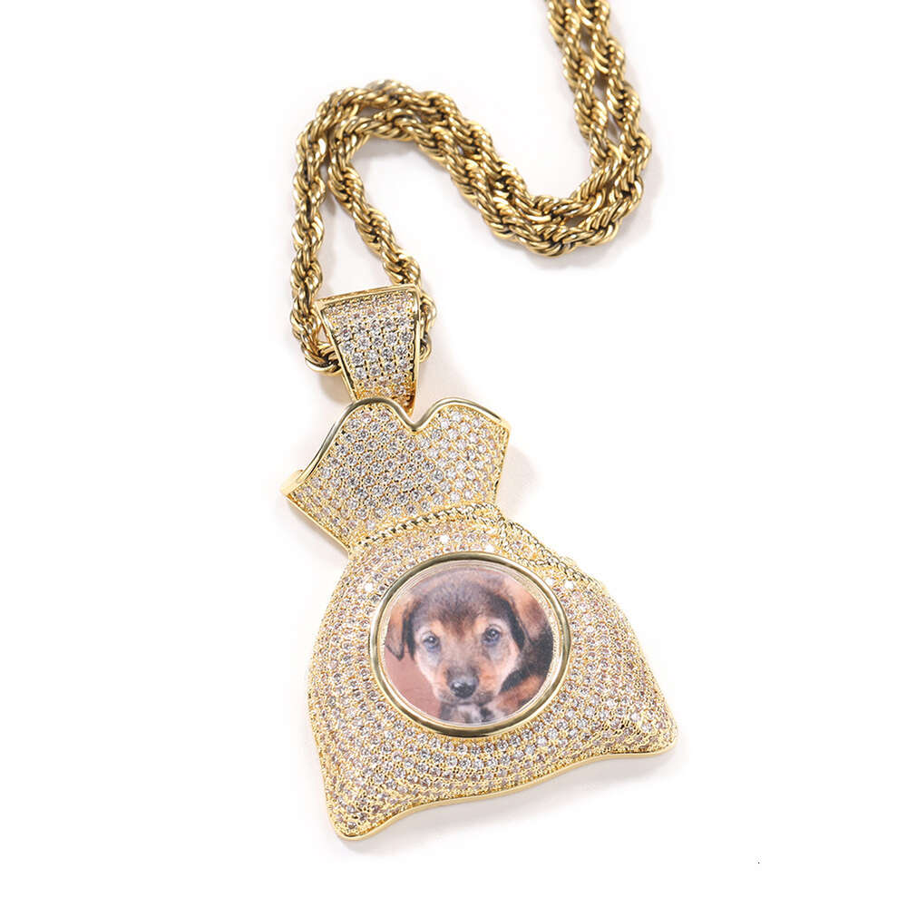 Top Quality Cubic Zirconia Custom Photo Money Bag Pendant Necklace Iced Out Cubic Zirconia Diy Picture Memorial Hip Hop Street Necklaces Bling Crystal