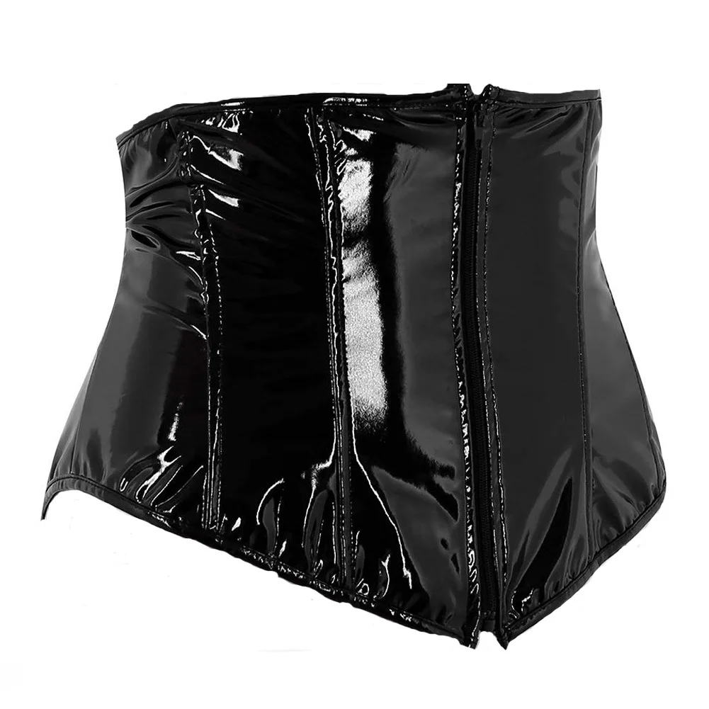 Glossy Leather Corset Top Women Zipper Underbust Waist Cincher Bustier Gothic Steampunk Corselet Shape Body Belt Plus Size