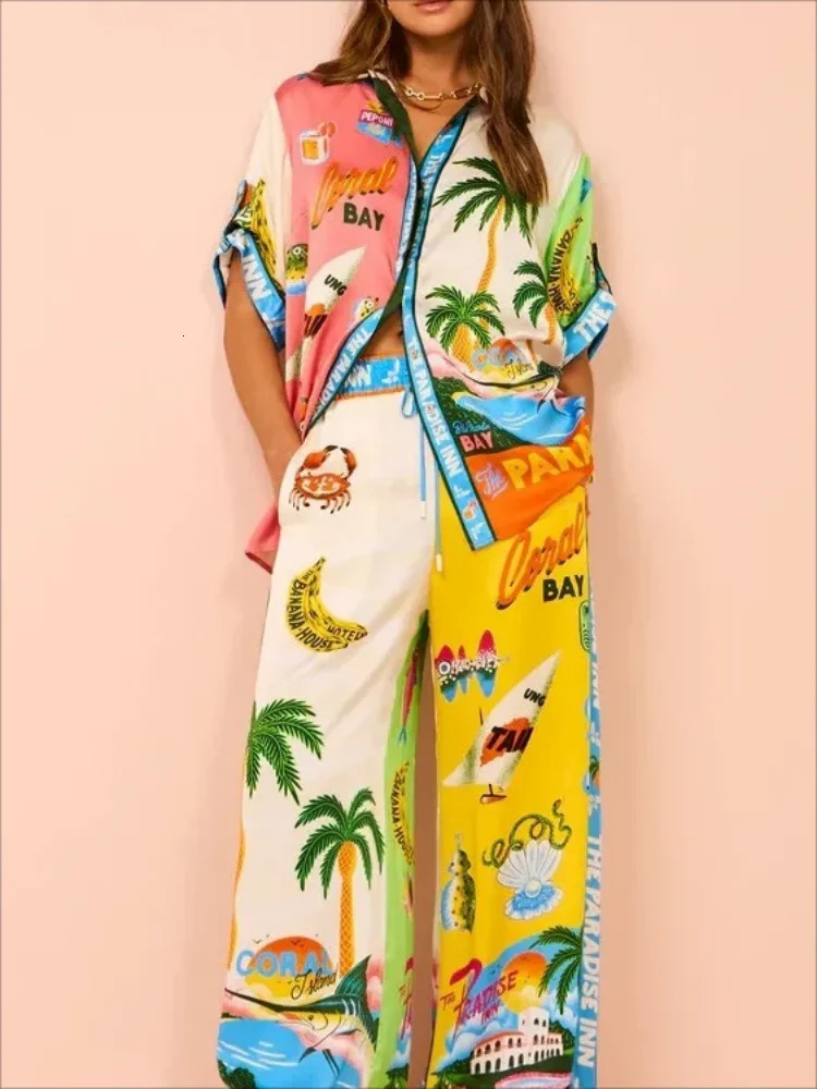 Women Holiday Casual Printed Coconut Trees Short Sleeve Shirt Blouse Top Loose Long Pants 2 Piece Set Summer Beach Outfits Suit 240402