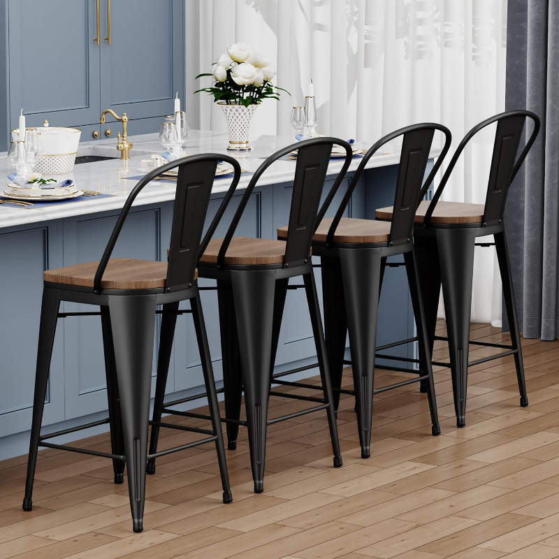 Yongqiang Bar Stools Set of 4 Height 30 inch Tall Kitchen Island Chairs Metal High Back stools with Wooden Sea