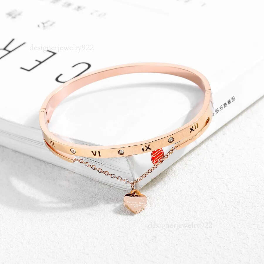 Fashion designer beautiful sparkg dia zircon heart charms bangle bracelet for woman girls 17 cm rose gold titanium steel