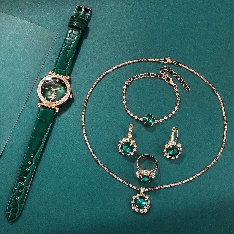 6PCS Set Green Luxury Quartz Watch Women Ring Necklace Earring Rhinestone Fashion Wristwatch Casual Ladies Bracelet WatchesXJ241109