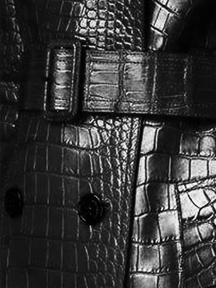 Lautaro Autumn Long Black Pattern Pu Leather Trench Coat for Women Belt Double Breasted Stylish British Style Fashion 241113