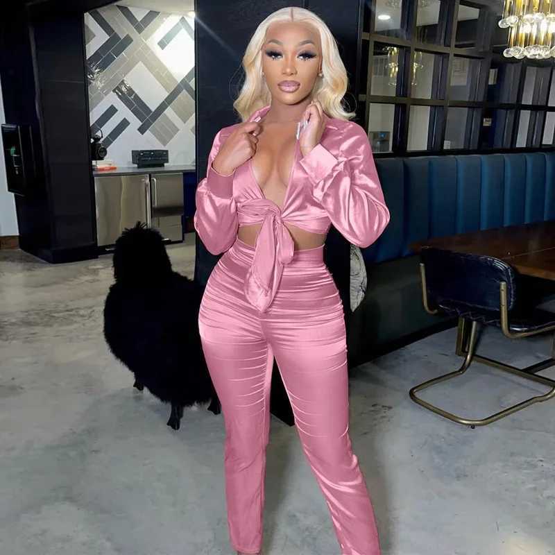 Sexy White Two Piece Set for Women Matching Sets Suit Satin Long Sve Tie Up Crop Top and Night Club Pants Sets Party OutfitsX241112