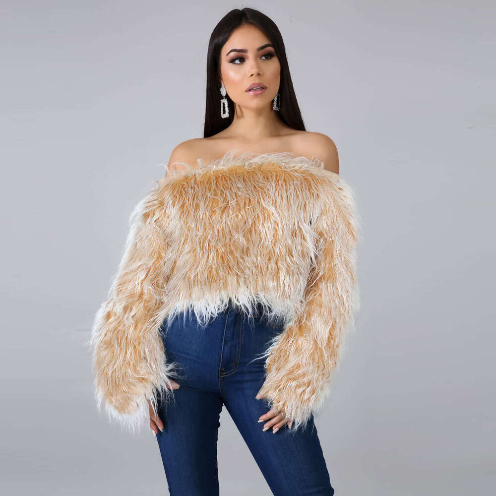 shanshi fur coat women Women's sexy one shoulder gradient color anti long fur short top