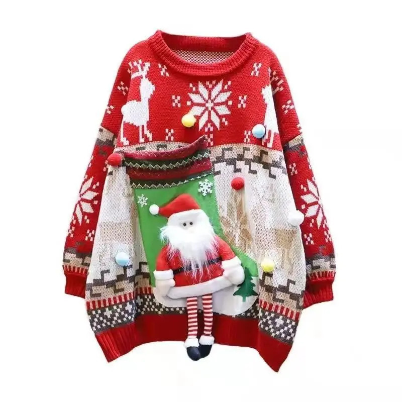 Autumn and Winter Christmas Red 3D Cartoon Decorative Knitted Sweater for Womens Lazy Style Loose Round Neck Zipper 241113