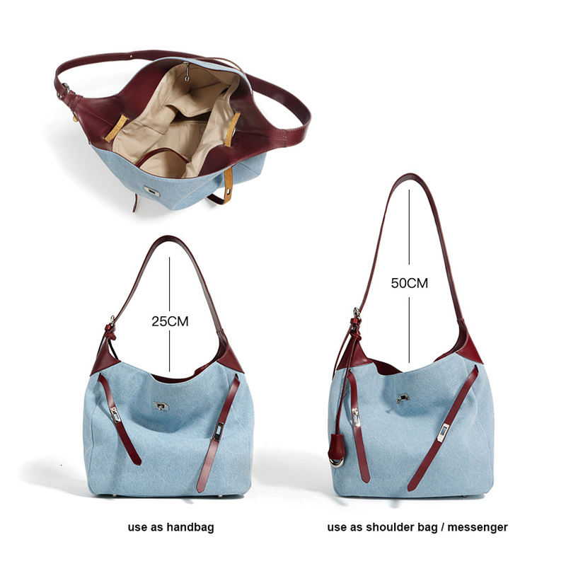 Women Shoulder Female Casual HOBO Tote Handbag Lady Fashion Underarm Bag Soft Denim With Split Leather Bucket Messenger Denim BagVoyage