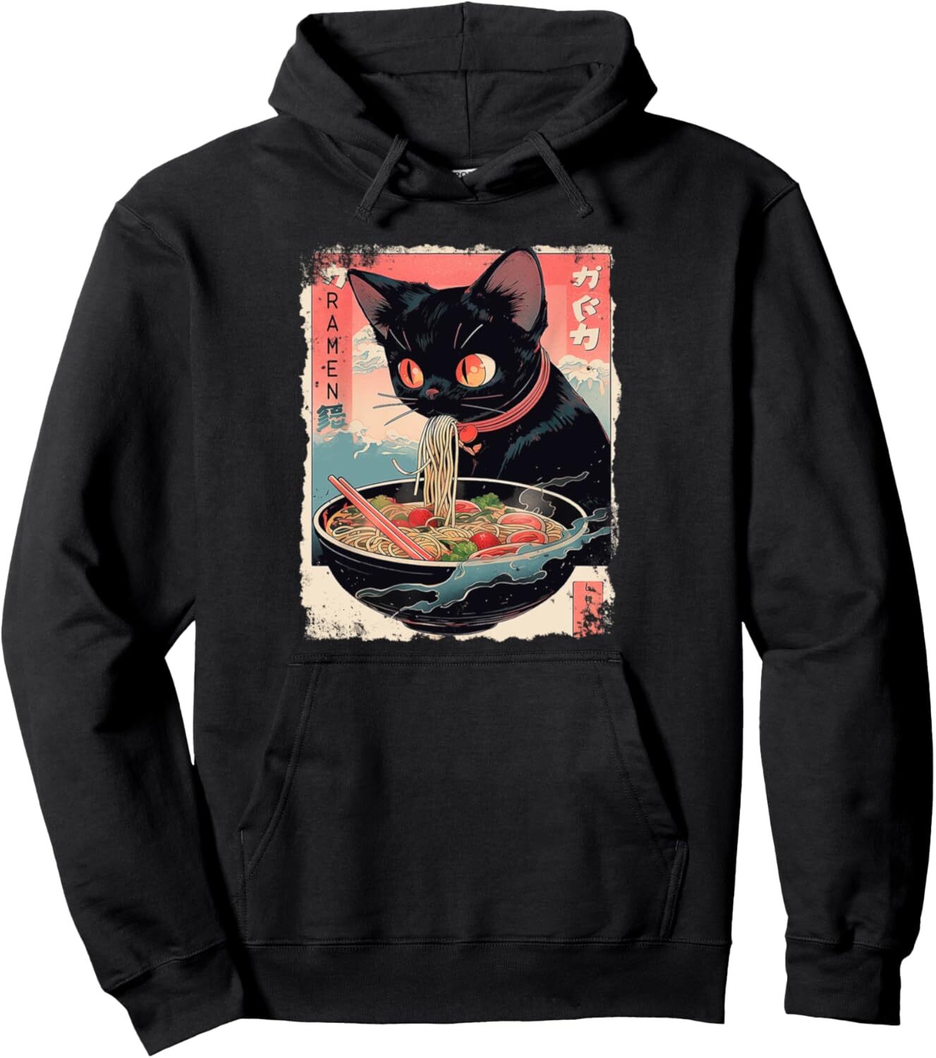 Hoodie for Mens Womens Cute Black Cat Love Ramen Kawaii Neko Anime Japanese Pullover Hoodie Graphic Hoodies sweatshirt