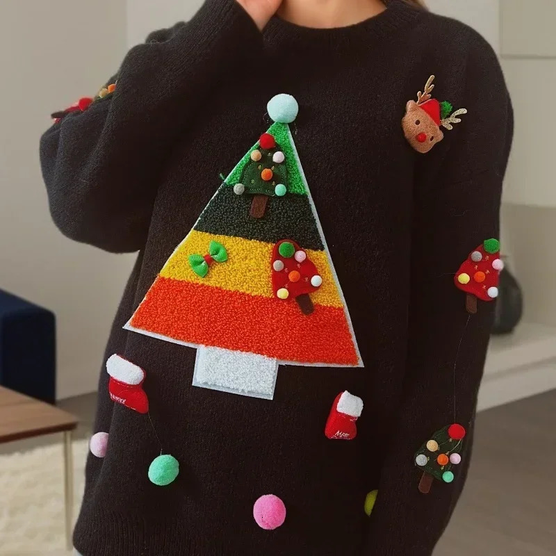 Autumn and Winter Christmas Tree Jacquard Womens Sweater Loose Weight Loss Round Neck Knitted Sweater Fashion Womens Printed Top 241113