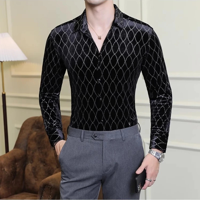 Autumn Velvet Plain Shirt Mens Long Sleeve Casual Business Dress Shirt Fashion Ultra Thin Social Street Clothing Mens Clothing 241113