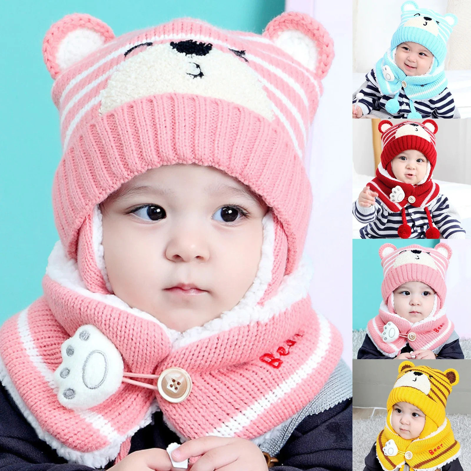 Winter Kids Baby Girls Boys Cartoon Bear Stripe Knit Hat Cap Woolen Yarn Scarf Earmuff Warm Keep Set for Outdoor Caps 241112